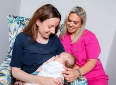 Lactation consultant Katie supporting breastfeeding mother at antenatal consultation